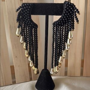 Vintage 80s Black Seed Bead & Gold Dangle Fringe Statement Earrings Retro Chic